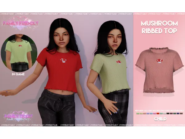 Alpha Mushroom Embroidered Ribbed Top for Child by LYNXsimz Family - The Sims 4 Custom Content