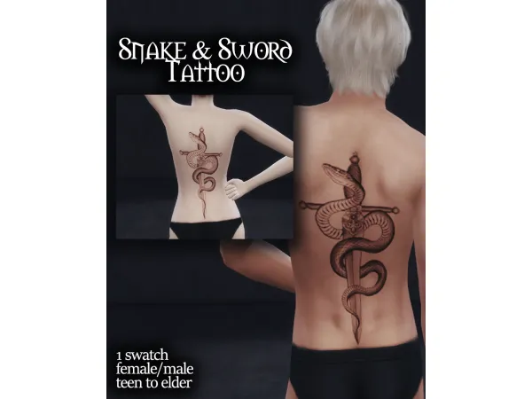Mix Snake Sword Back Tattoo by Ellone Andreea - The Sims 4 Custom Content