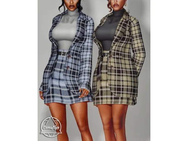 Alpha Tartan Fall Set (Suit Jacket Skirt) by Camuflaje - The Sims 4 Custom Content