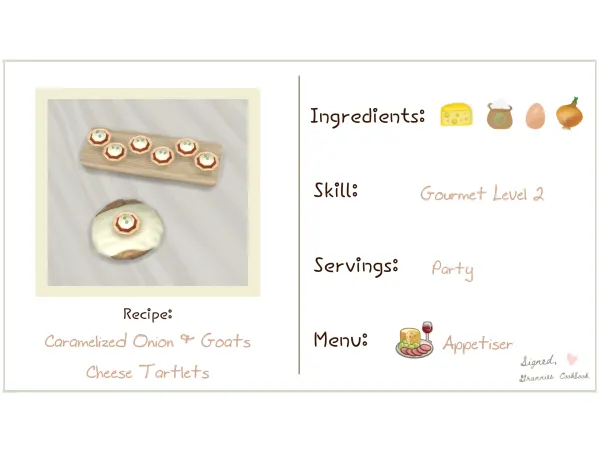 Maxis Match Caramelized Onion Goats Cheese Tartlets by Littlbowbub - The Sims 4 Custom Content