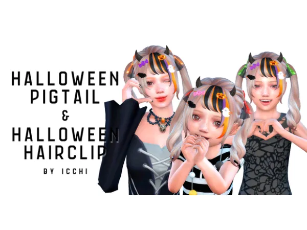 Maxis Match 2022 Halloween Pigtails Hair clips by icchisims - The Sims 4 Custom Content