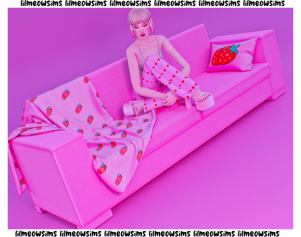 Alpha Sofa Strawberry Blanket _ Pillow by simsfinds - The Sims 4 Custom Content