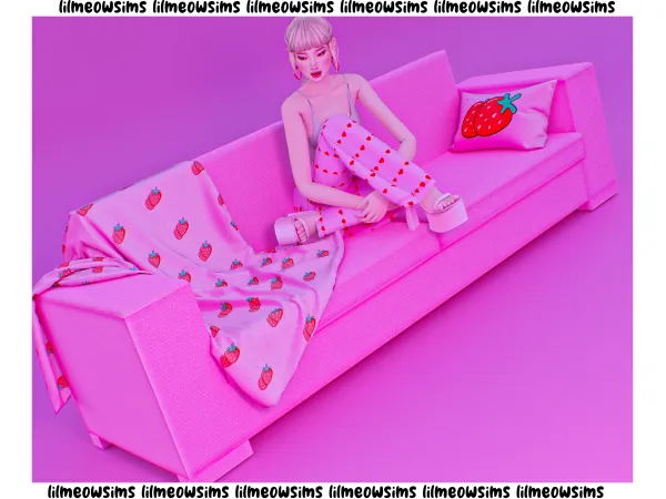 Alpha Sofa Strawberry Blanket _ Pillow by lilmeowsims - The Sims 4 Custom Content