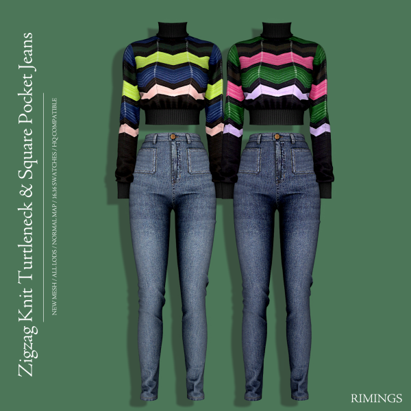 Alpha [RIMINGS] Zigzag Knit Turtleneck Square Pocket Jeans by simsfinds - The Sims 4 Custom Content