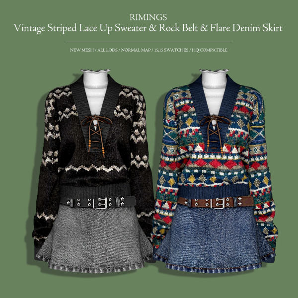 Alpha [RIMINGS] Vintage Striped Lace Up Sweater Rock Belt Flare Denim Skirt by simsfinds - The Sims 4 Custom Content