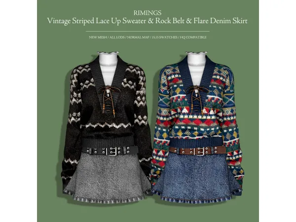 [RIMINGS] Vintage Striped Lace Up Sweater & Rock Belt & Flare Denim Skirt by RIMINGS