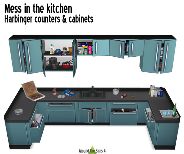 Maxis Match Around Mess in the kitchen Harbinger counters cabinets by simsfinds - The Sims 4 Custom Content