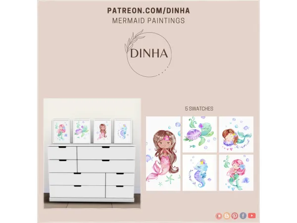 Alpha Mermaid Paintings 5 Swatches - The Sims 4 Custom Content