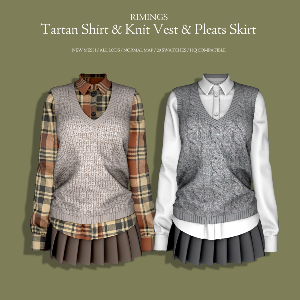 Alpha [RIMINGS] Tartan Shirt Knit Vest Pleats Skirt by simsfinds - The Sims 4 Custom Content