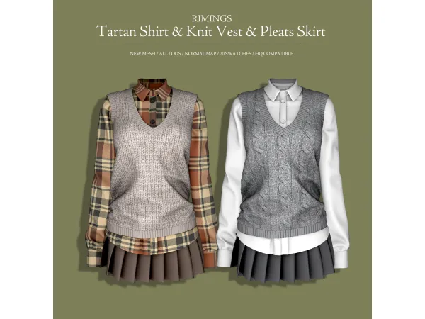 Alpha [RIMINGS] Tartan Shirt Knit Vest Pleats Skirt by RIMINGS - The Sims 4 Custom Content