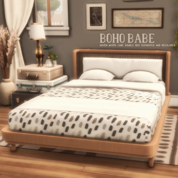 Maxis Match Boho Babe Woven Whims Cane Double Bed Separated and Recolored by simsfinds - The Sims 4 Custom Content