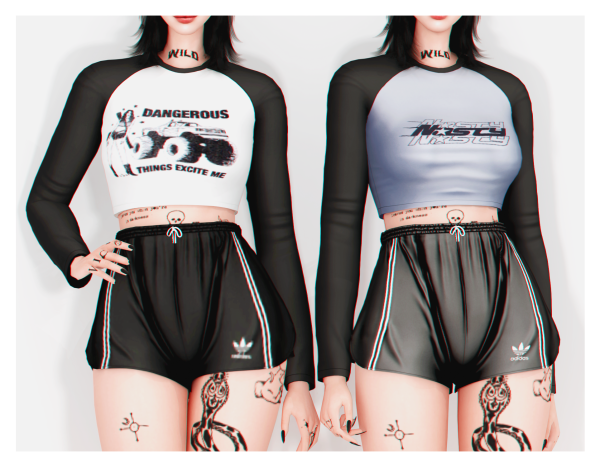 Alpha Kitsch T Shirt Long Sleeve Shorts by plbsims - The Sims 4 Custom Content