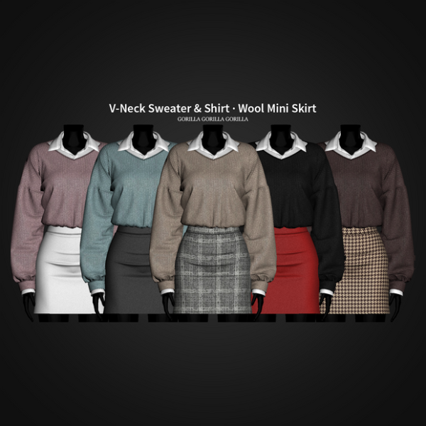 Alpha V Neck Sweater Shirt Wool Mini Skirt by simsfinds - The Sims 4 Custom Content