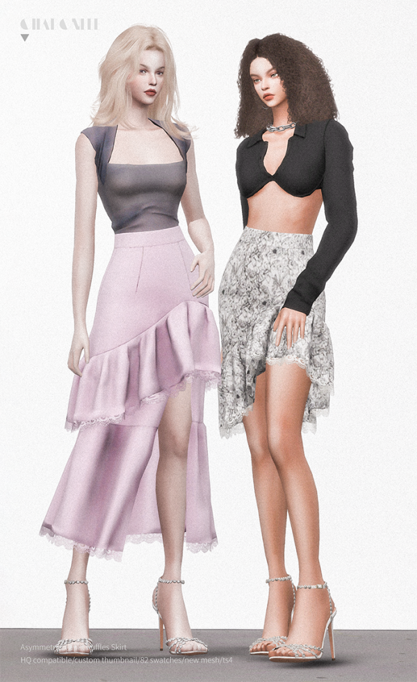 Alpha Asymmetrical Split Ruffles Skirt by simsfinds - The Sims 4 Custom Content