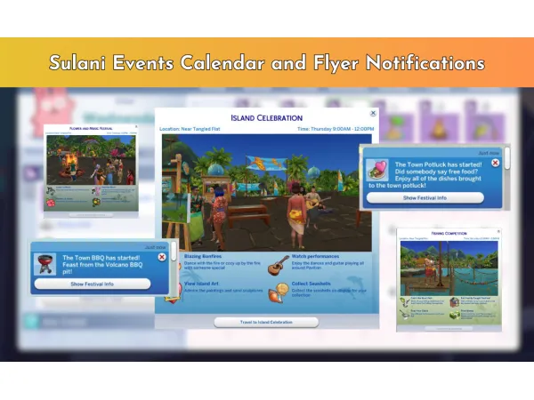 Maxis Match Sulani Events Calendar and Flyer Notifications by avacadoloki - The Sims 4 Custom Content
