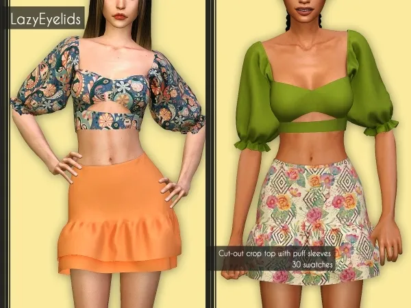 Alpha Cut out crop top with puff sleeves by lazyeyelids - The Sims 4 Custom Content
