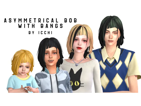 Maxis Match Asymmetrical Bob with Bangs by icchi - The Sims 4 Custom Content