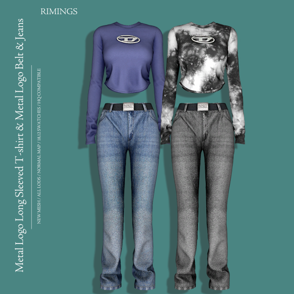 Alpha [RIMINGS] Metal Logo Long Sleeved T shirt Metal Logo Belt Jeans by simsfinds - The Sims 4 Custom Content