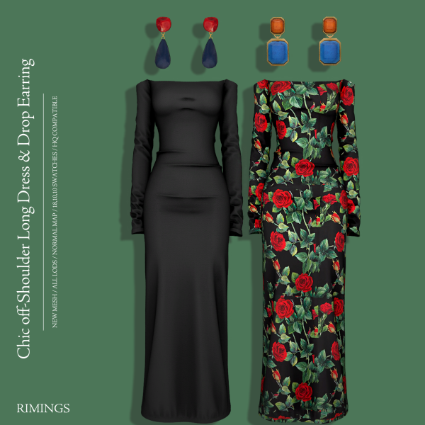 Alpha [RIMINGS] Chic off Shoulder Long Dress Drop Earring by simsfinds - The Sims 4 Custom Content