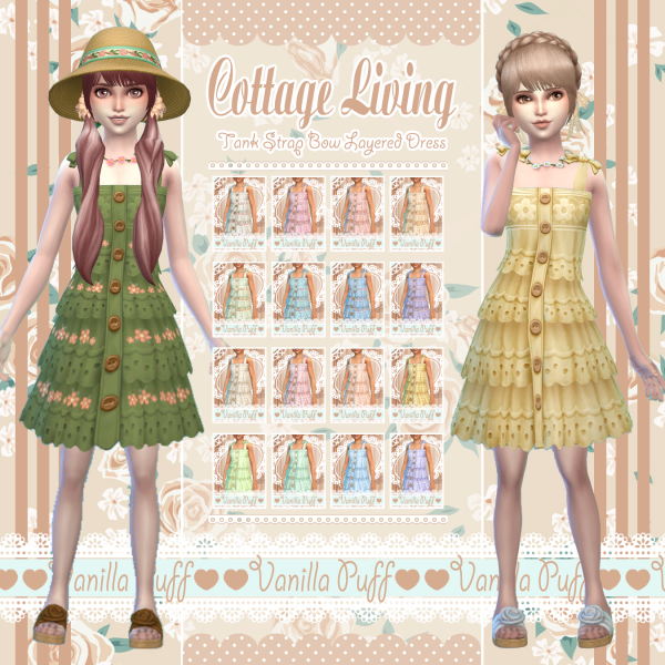 Maxis Match Vanilla Puff Sims 4 Clothes COTTAGE LIVING Cottage Tank Strap Bow Layered Dress (Child) by simsfinds - The Sims 4 Custom Content