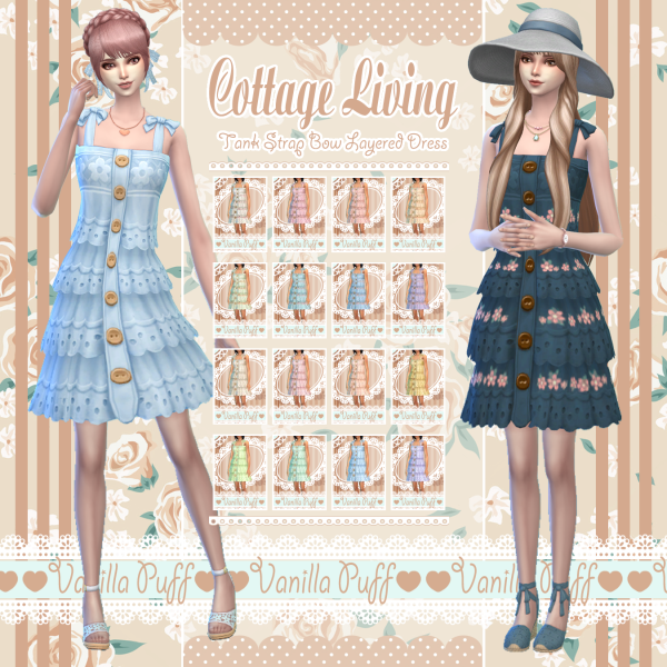 Maxis Match Vanilla Puff Sims 4 Clothes COTTAGE LIVING Cottage Tank Strap Bow Layered Dress by simsfinds - The Sims 4 Custom Content