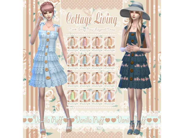 Maxis Match Vanilla Puff Sims 4 Clothes COTTAGE LIVING Cottage Tank Strap Bow Layered Dress by Vanilla Puff Sims CC - The Sims 4 Custom Content