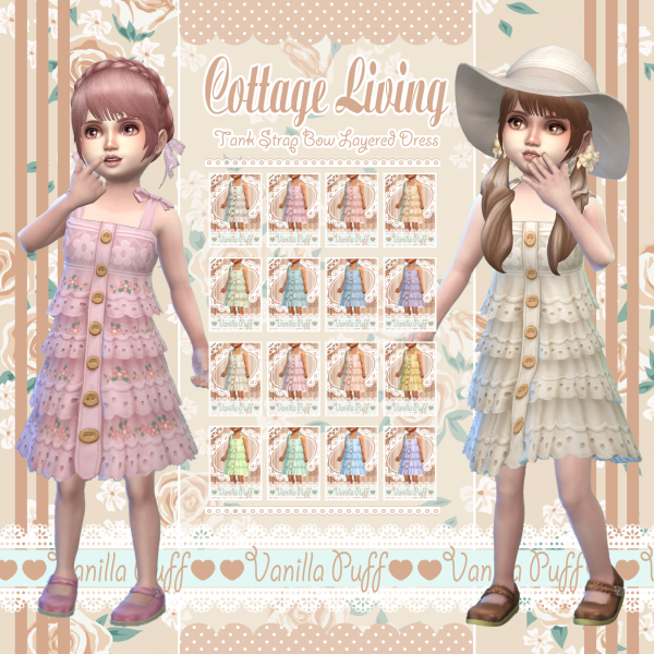 Maxis Match Vanilla Puff Sims 4 Clothes COTTAGE LIVING Cottage Tank Strap Bow Layered Dress (Toddler) by simsfinds - The Sims 4 Custom Content