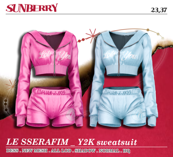 Alpha [SUNBERRY] LE SSERAFIM Y2K sweatsuit 2337 by simsfinds - The Sims 4 Custom Content
