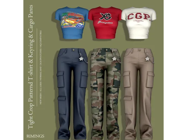 Alpha [RIMINGS] Tight Crop Patternd T shirt Keyring Cargo Pants by RIMINGS - The Sims 4 Custom Content