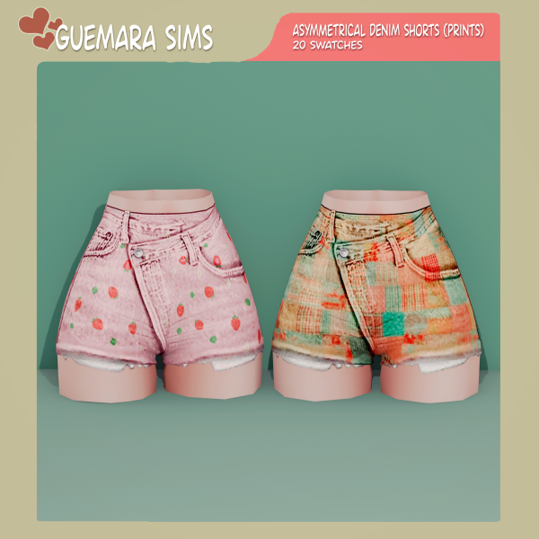 Alpha Asymmetrical denim shorts (prints) (Public now) by simsfinds - The Sims 4 Custom Content