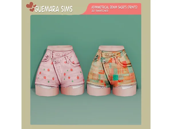 Alpha Asymmetrical denim shorts (prints) (Public now) by Guemara - The Sims 4 Custom Content