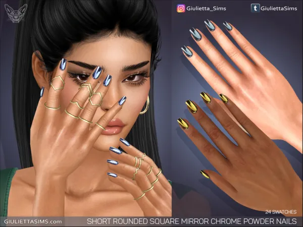 Alpha Short Rounded Square Mirror Chrome Powder Nails - The Sims 4 Custom Content