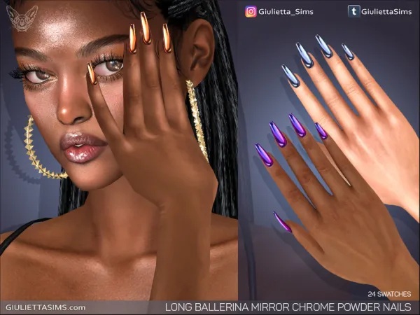 Alpha Long Ballerina Mirror Chrome Powder Nails - The Sims 4 Custom Content
