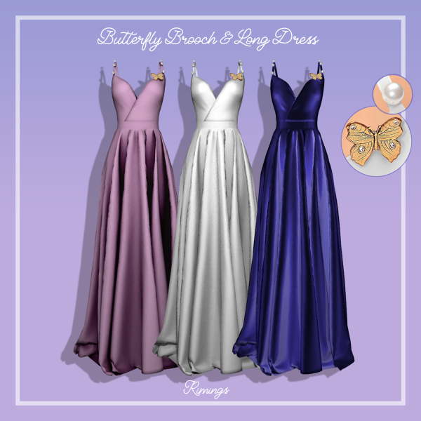 Alpha [RIMINGS] Butterfly Brooch Long Dress by simsfinds - The Sims 4 Custom Content
