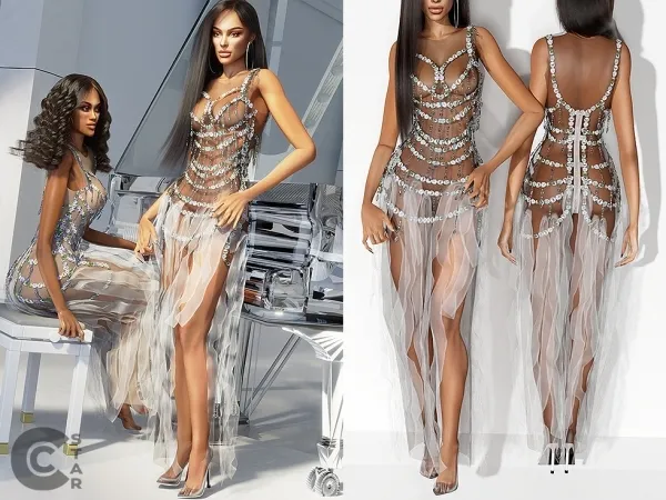 Alpha Sheer Gown with Crystals and Lace Fringes - The Sims 4 Custom Content