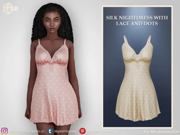 Alpha Silk nightdress with lace and dots in 8 colors - The Sims 4 Custom Content
