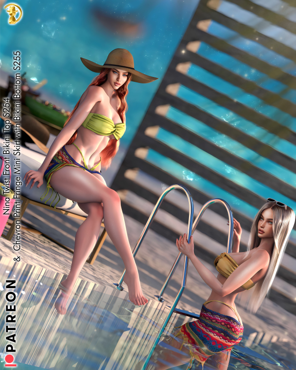 Alpha Nina SET Twist Front Bikini Top S254 Chevron Print Fringe Mini Skirt with Bikini Bottom S255 by daphsmods - The Sims 4 Custom Content