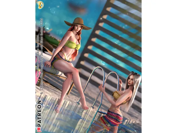 Alpha Nina SET Twist Front Bikini Top S254 Chevron Print Fringe Mini Skirt with Bikini Bottom S255 by turksimmer - The Sims 4 Custom Content