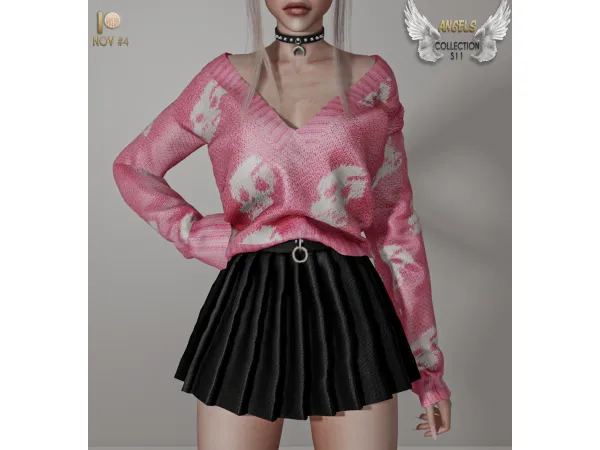 Alpha OUTFIT (Skull Sweater Leather Skirt) S11 tr by busra - The Sims 4 Custom Content