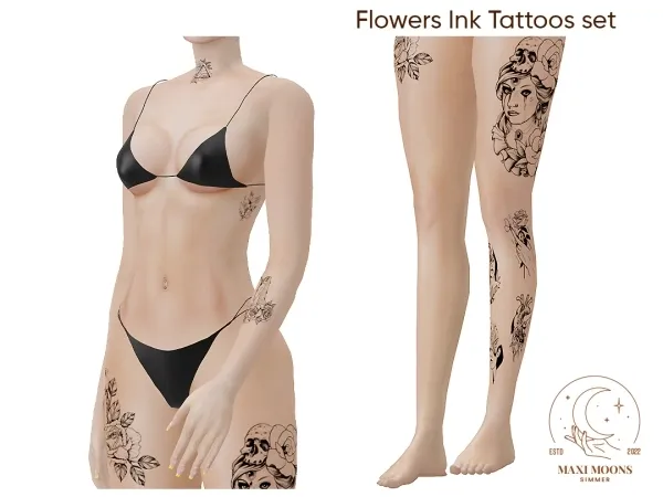 Mix Flowers Ink Tattoos Set - The Sims 4 Custom Content