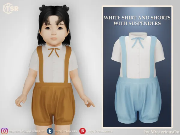 Alpha White shirt and shorts with suspenders in 12 colors for toddlers by simsfinds - The Sims 4 Custom Content