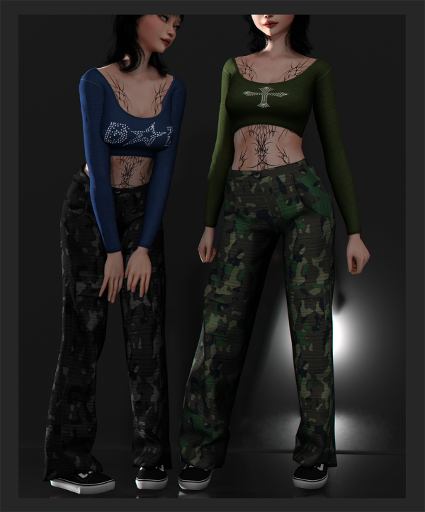 Alpha TOP Y2KBD AND WAR JEAN by whimp - The Sims 4 Custom Content