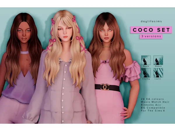 Maxis Match COCO HAIR SET 3 versions by Daylife Sims - The Sims 4 Custom Content