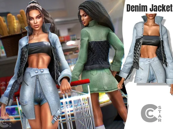 Alpha Denim Jacket with leather details Top cool_content_star - The Sims 4 Custom Content