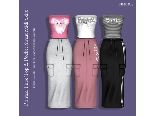 [RIMINGS] Printed Tube Top & Pocket Sweat Midi Skirt by RIMINGS