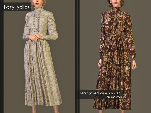 Alpha Midi high neck dress with ruffles by lazyeyelids - The Sims 4 Custom Content