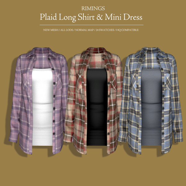 Alpha [RIMINGS] Plaid Long Shirt Mini Dress by simsfinds - The Sims 4 Custom Content