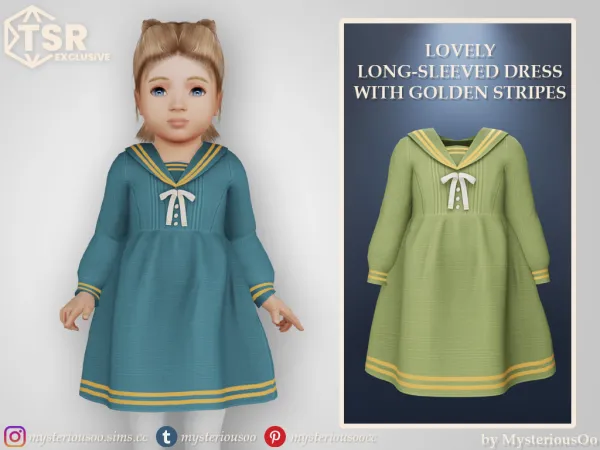 Alpha Lovely long sleeved dress with golden stripes and big collar in 9 colors - The Sims 4 Custom Content