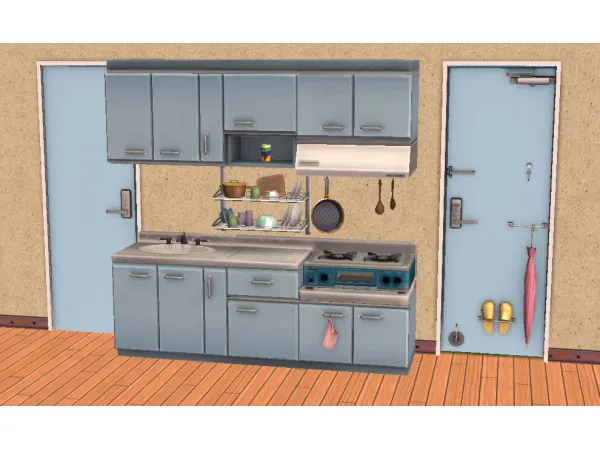 Retro Korea Kitchen Set and Door for - The Sims 2 Custom Content