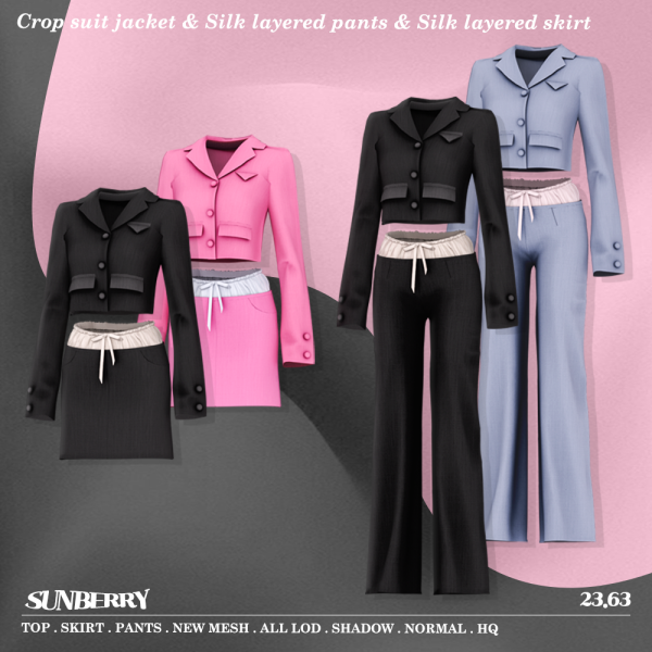 Alpha [SUNBERRY] Crop suit jacket Silk layered pants skirt by simsfinds - The Sims 4 Custom Content